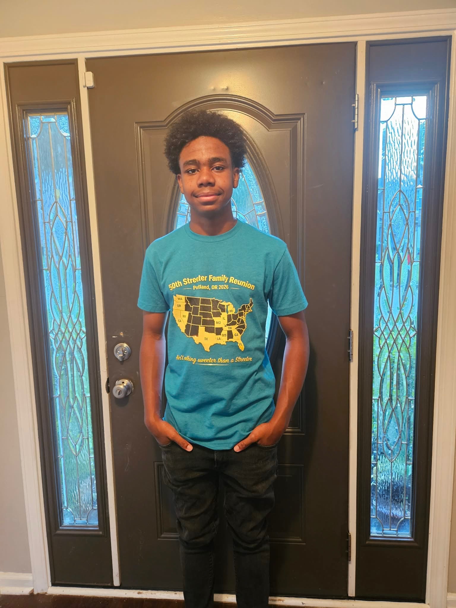Streeter 50th Family Reunion Adult Tee - teal shirt worn by model